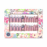 HS11 Machine Press on Nails 24Pcs Pink white French squirrel leaves Coffin Ballerina Lovely False Nails