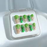 H11 HALLOWEEN NAILS Handmade Press on Nails Green Dripping Love Buoebuji Diamond Coffin luxury Medium False Nails