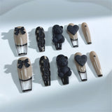 A11 Handmade Press on Nails Black French Bow Love Bear Letter Coffin Ballerina luxury Long False Nails