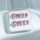 P12 Handmade Press on Nails Pink French HK White Bow Pearl Flower  Square Squoval luxury Medium False Nails