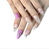 P13 Handmade Press on Nails Purple gradient white solid line bow star diamond Almond luxury Medium False Nails