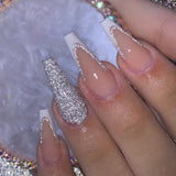 L130 Machine Press on Nails 24Pcs White French Silver Sparkling Pink Coffin Ballerina Long False Nails