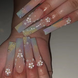 L138 Machine Press on Nails 24Pcs Colorful gradient flowers Coffin Ballerina Long False Nails