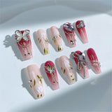 A13 Handmade Press on Nails Pink Butterfly Diamond Gemstone Hand Painted Flowers Coffin Ballerina luxury Long False Nails