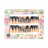 L143 Machine Press on Nails 24Pcs Black French Flower Butterfly Coffin Ballerina Long False Nails