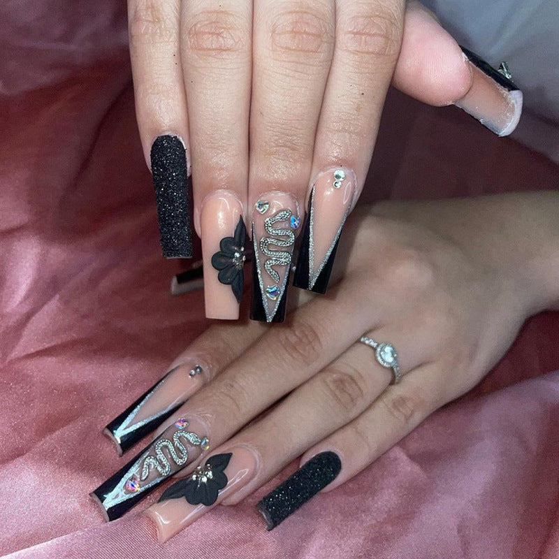 3D Rhinestone Black Press On Nails