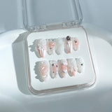 P14 Handmade Press on Nails Pink French Gradient White Line Bow Heart Jewel Pearl Almond luxury Medium False Nails