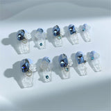 A14  Handmade Press on Nails Blue gradient flower gemstone Coffin luxury Medium False Nails