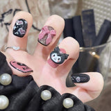 HS14 Machine Press on Nails 24Pcs Black Skull Head Pink Love Bow Square Squoval Lovely False Nails