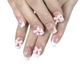 P15 White French Tips Pink Bow（ Short ）