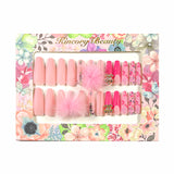 L157 Machine Press on Nails 24Pcs Pink French Flower Coffin Ballerina Long False Nails