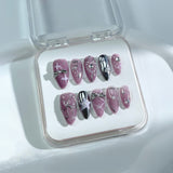 P16 Handmade Press on Nails Purple gradient silver bow star diamond pearl Almond luxury Medium False Nails