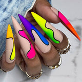 L163  Machine Press on Nails 24Pcs Color Following Shape Stiletto Long False Nails