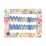 M164 Machine Press on Nails 24Pcs Blue Love Flower Star Grid Almond Medium False Nails