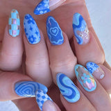 M164 Machine Press on Nails 24Pcs Blue Love Flower Star Grid Almond Medium False Nails