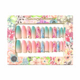 L165 Machine Press on Nails 24Pcs Colorful gradient flowers Coffin Ballerina Long False Nails