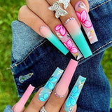 L165 Machine Press on Nails 24Pcs Colorful gradient flowers Coffin Ballerina Long False Nails