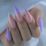 L168 Machine Press on Nails 24Pcs Purple French Line Silver Sparkling Pink Stiletto Long False Nails