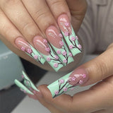 L169 Machine Press on Nails 24Pcs Green French Sakura Tree Coffin Ballerina Long False Nails