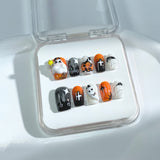 H16 HALLOWEEN NAILS Handmade Press on NailsOrange Pumpkin Mummy Cute Ghost Cat Square Squoval luxury Short False Nails