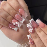 M171 Machine Press on Nails 24Pcs Pink Pink White Flower Diamond Coffin Medium False Nails