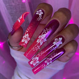 L173 Machine Press on Nails 24Pcs Red flowers Coffin Ballerina Long False Nails