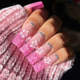 L176 Machine Press on Nails 24Pcs Pink Gradient Flower Sparkling Pink Coffin Ballerina Long False Nails