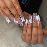 L177 Machine Press on Nails 24Pcs White French Flower Diamond Coffin Ballerina Long False Nails