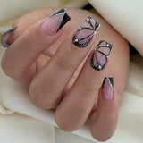 M179 Machine Press on Nails 24Pcs Pink Black French Butterfly Diamond Square Medium False Nails