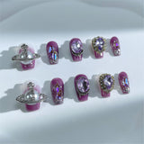 A17 Handmade Press on Nails Purple Diamond Planet Gem Coffin Ballerina luxury Medium False Nails