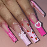 L180 Machine Press on Nails 24Pcs Pink French Love Bow Strawberry Coffin Ballerina Long False Nails
