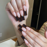 L182 Machine Press on Nails 24Pcs Brown Leopard Pattern French Coffin Ballerina Long False Nails