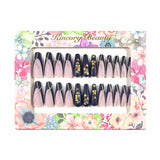 L188 Machine Press on Nails 24Pcs Black French Leaf Maple Leaf Coffin Ballerina Long False Nails