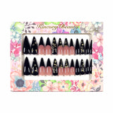 L191 Machine Press on Nails 24Pcs Black Moon and Stars Stiletto Long False Nails