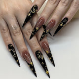 L191 Machine Press on Nails 24Pcs Black Moon and Stars Stiletto Long False Nails