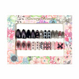 M193 Machine Press on Nails 24Pcs Black gradient pink love star line pearl bow Almond Medium False Nails