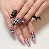 M193 Machine Press on Nails 24Pcs Black gradient pink love star line pearl bow Almond Medium False Nails