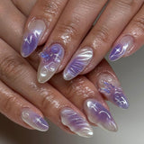 M194 Machine Press on Nails 24Pcs Purple gradient 3D butterfly star Almond Medium False Nails