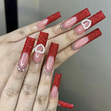 L194 Machine Press on Nails 24Pcs Red French Love Sparkling Pink Coffin Ballerina Long False Nails