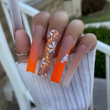 L196 Machine Press on Nails 24Pcs Orange Gradient French Flower Coffin Ballerina Long False Nails