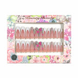 L196 Machine Press on Nails 24Pcs White French Pink Flower Diamond HK Coffin Ballerina Long False Nails