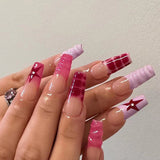 L198 Machine Press on Nails 24Pcs Pink French Red Star Diamond Coffin Ballerina Long False Nails