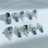 A19 Handmade Press on Nails Green gemstones white flowers pearls diamonds Coffin Ballerina luxury Long False Nails