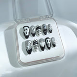 H1 HALLOWEEN NAILS Handmade Press on Nails Black and white grimace mummy screaming ghost Almond luxury Medium False Nails