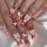 HS1 Machine Press on Nails 24Pcs Red French HK Cat Bow Strawberry Pearl Coffin Ballerina Lovely False Nails