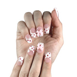 P21 Handmade Press on Nails Pink French Strawberry Bow Square Squoval luxury Medium False Nails