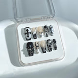 P22 Handmade Press on Nails Black French metal cross silver beads stars Coffin luxury Medium False Nails