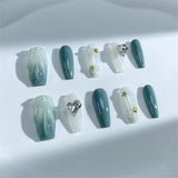 A24 Handmade Press on Nails Green Love Diamond Star Shell Pearl Coffin  luxury Medium False Nails