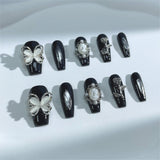 A25 Handmade Press on Nails Black butterfly rose flower accessories Coffin luxury Medium False Nails