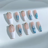 A27 Handmade Press on Nails Pink White French Flower Blue Diamond Coffin Ballerina luxury Long False Nails